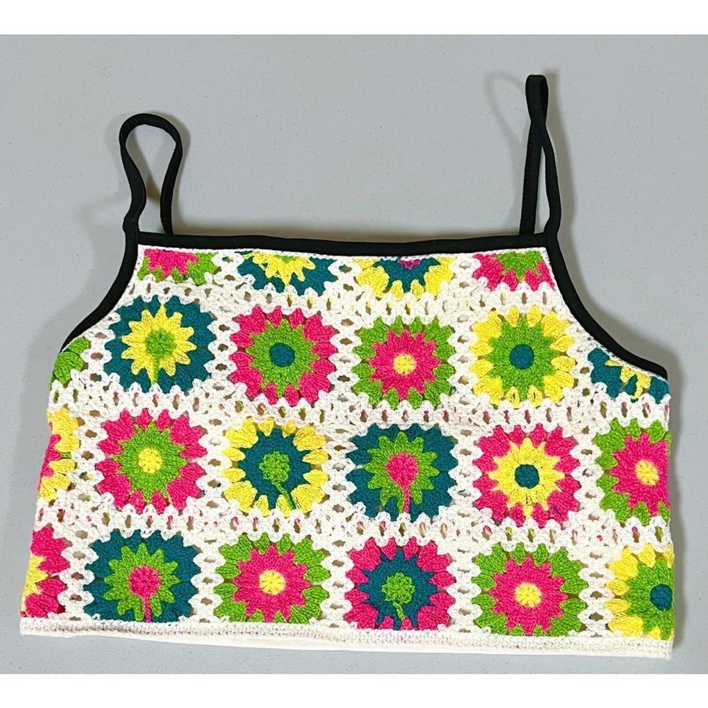 Green Yellow Pink Crochet Knit Floral Mandala Tank Crop Top Shirt Blouse XS 🌼✨